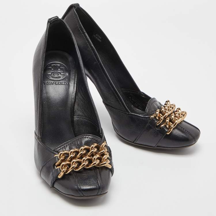 Pre Owned Tory Burch Black Leather Hana Metal Chain Block Heel Pumps Size 38.5