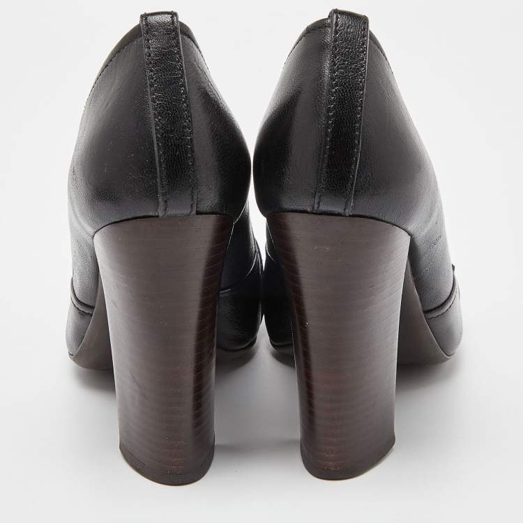 Pre Owned Tory Burch Black Leather Hana Metal Chain Block Heel Pumps Size 38.5