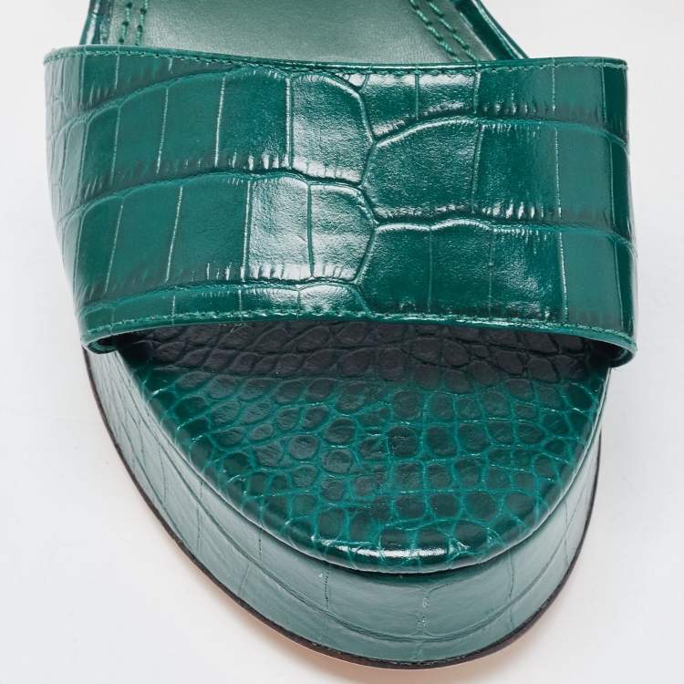 Pre Owned Tory Burch Green Croc Embossed Leather Maritine Platform Ankle Strap Sandals Size 39.5