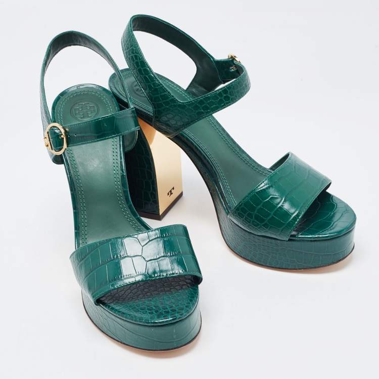 Pre Owned Tory Burch Green Croc Embossed Leather Maritine Platform Ankle Strap Sandals Size 39.5