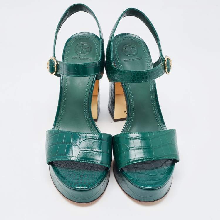 Pre Owned Tory Burch Green Croc Embossed Leather Maritine Platform Ankle Strap Sandals Size 39.5