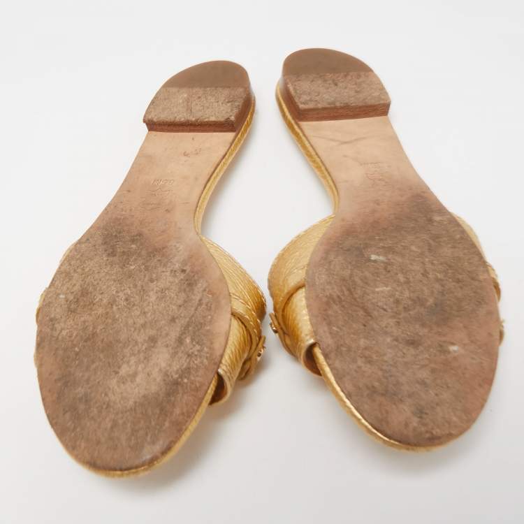 Pre Owned Tory Burch Gold Leather Logo Buckle Flat Slides Size 37