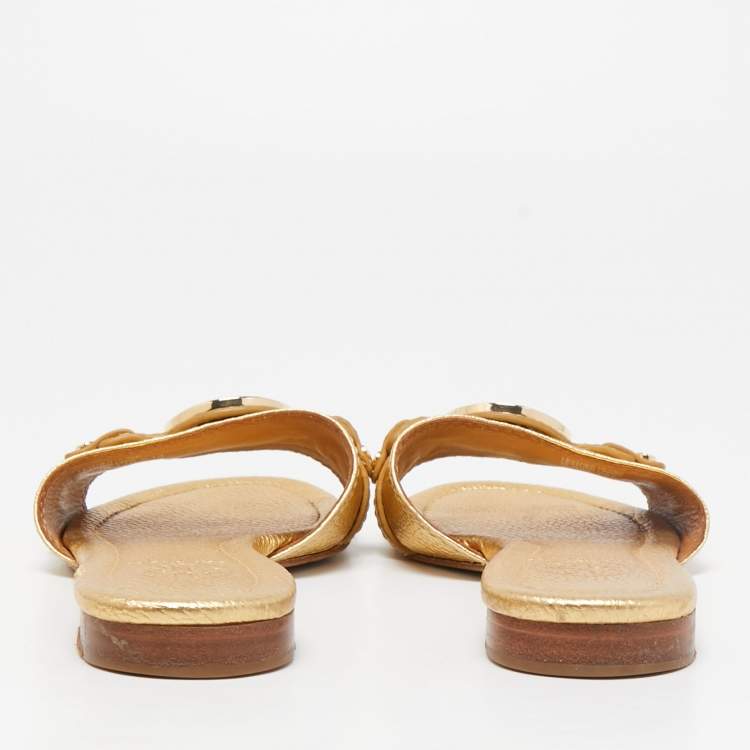 Pre Owned Tory Burch Gold Leather Logo Buckle Flat Slides Size 37