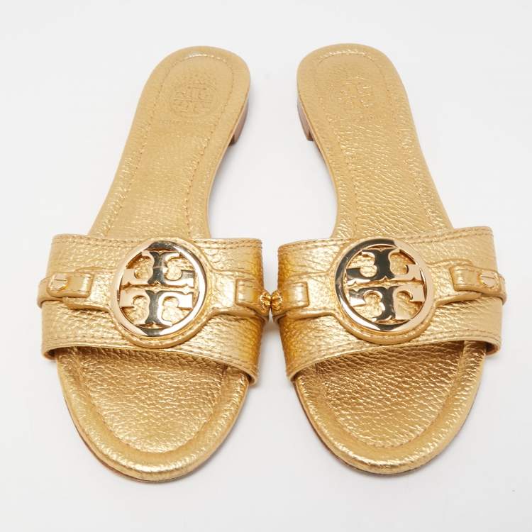 Pre Owned Tory Burch Gold Leather Logo Buckle Flat Slides Size 37