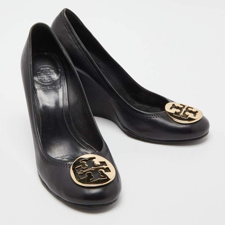 Pre Owned Tory Burch Black Leather Sally Wedge Pumps Size 38.5