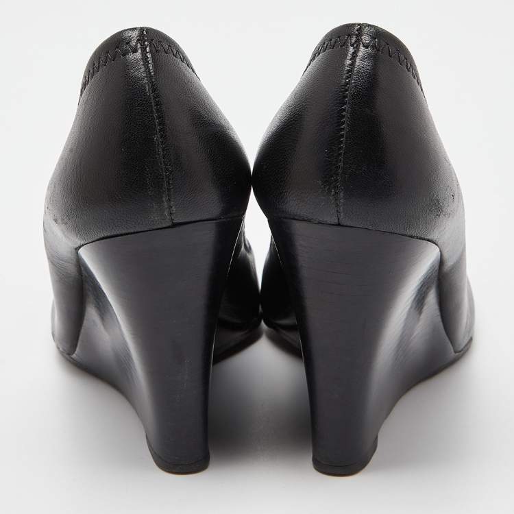 Pre Owned Tory Burch Black Leather Sally Wedge Pumps Size 38.5