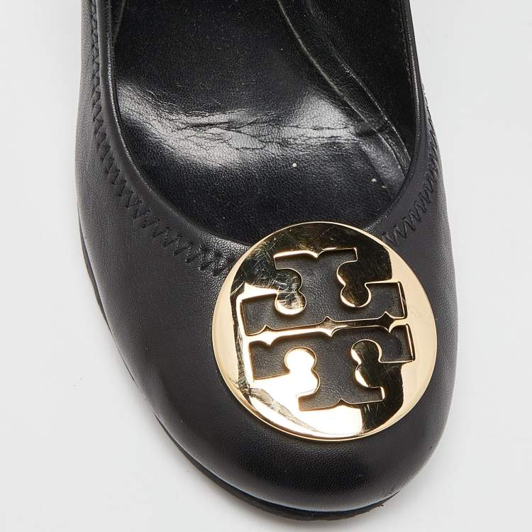 Pre Owned Tory Burch Black Leather Sally Wedge Pumps Size 38.5