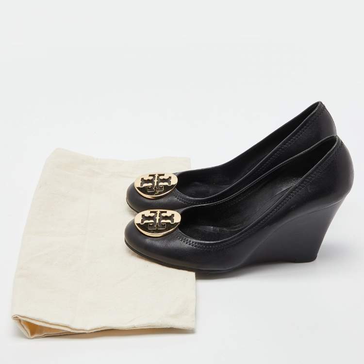 Pre Owned Tory Burch Black Leather Sally Wedge Pumps Size 38.5