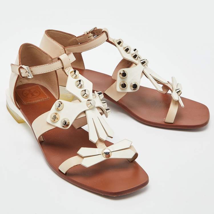 Pre Owned Tory Burch Beige/White Leather Studded Strap Flat Sandals Size 37.5