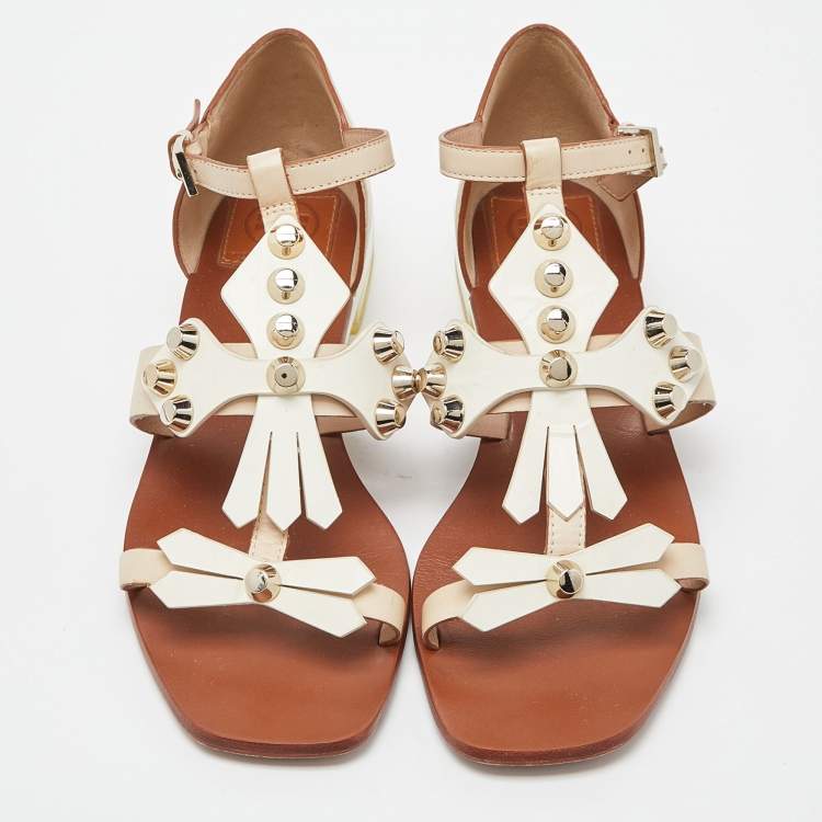 Pre Owned Tory Burch Beige/White Leather Studded Strap Flat Sandals Size 37.5