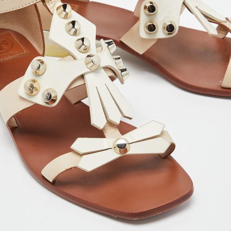 Pre Owned Tory Burch Beige/White Leather Studded Strap Flat Sandals Size 37.5