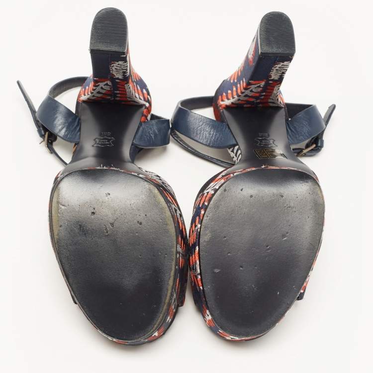 Pre Owned Tory Burch Navy Blue/Red Brocade Fabric Ankle Strap Sandals Size 38.5