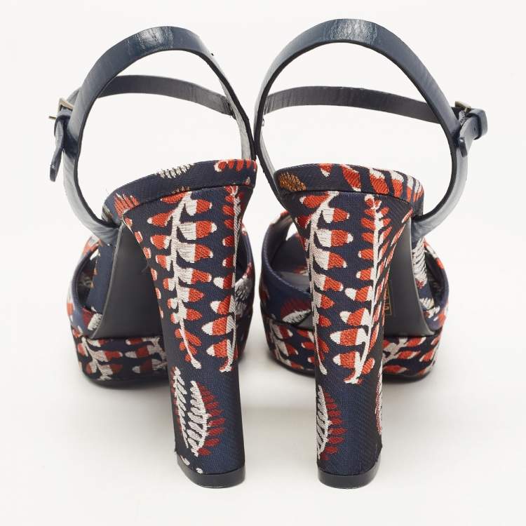 Pre Owned Tory Burch Navy Blue/Red Brocade Fabric Ankle Strap Sandals Size 38.5