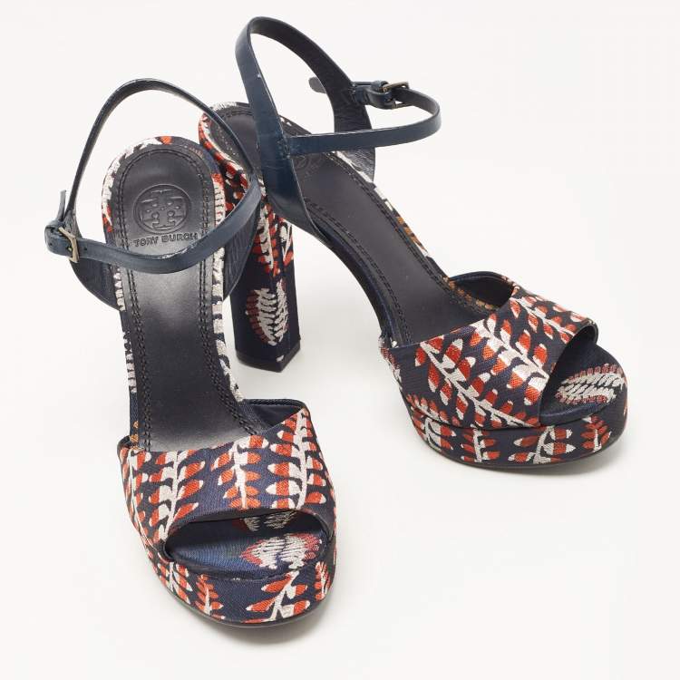 Pre Owned Tory Burch Navy Blue/Red Brocade Fabric Ankle Strap Sandals Size 38.5