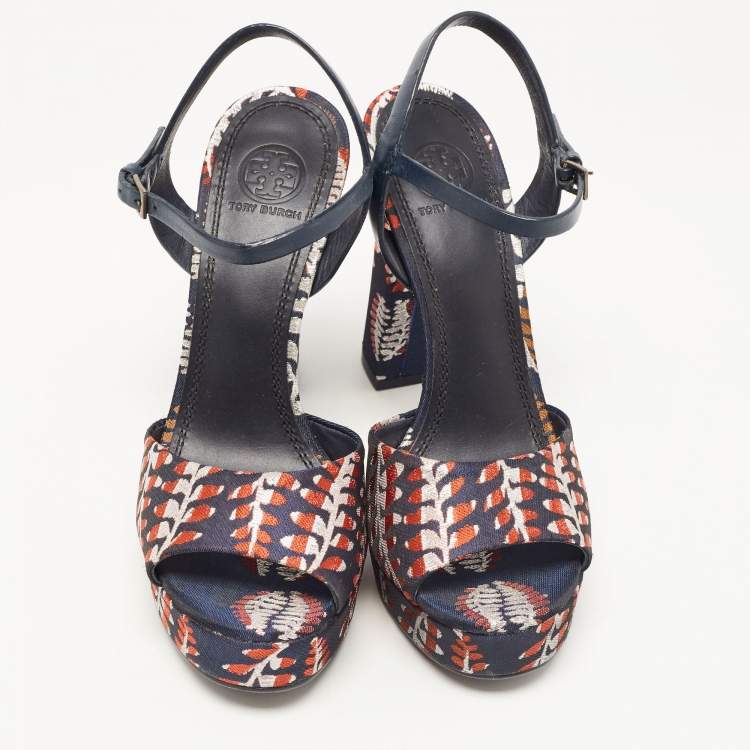 Pre Owned Tory Burch Navy Blue/Red Brocade Fabric Ankle Strap Sandals Size 38.5