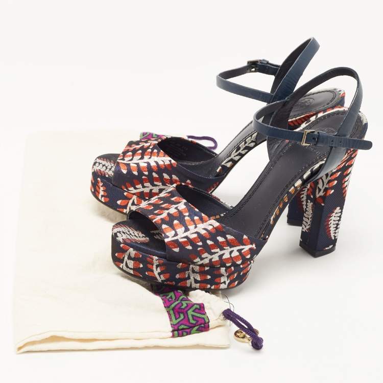 Pre Owned Tory Burch Navy Blue/Red Brocade Fabric Ankle Strap Sandals Size 38.5