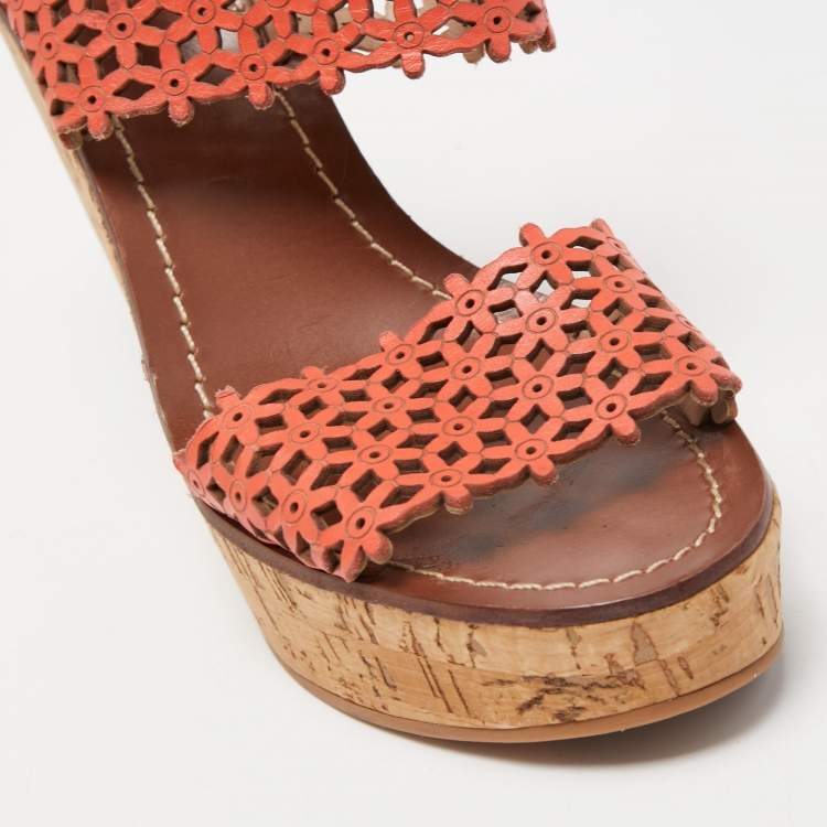 Pre Owned Tory Burch Orange Perforated Leather Daisy Cork Wedge Sandals Size 37