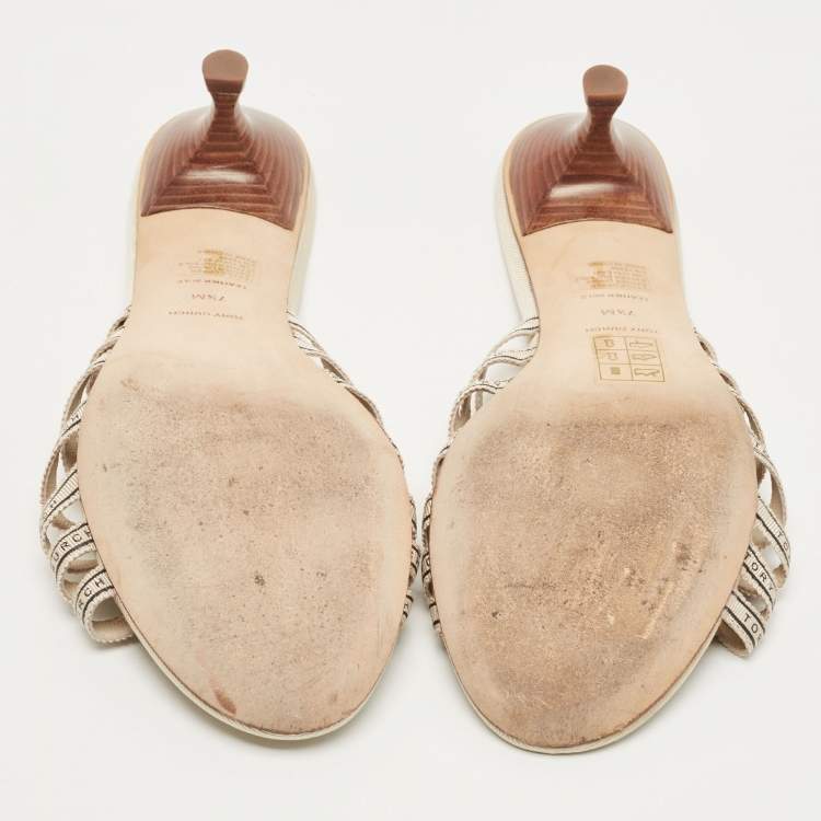 Pre Owned Tory Burch Cream Logo Print Canvas Ribbon Slide Sandals Size 38