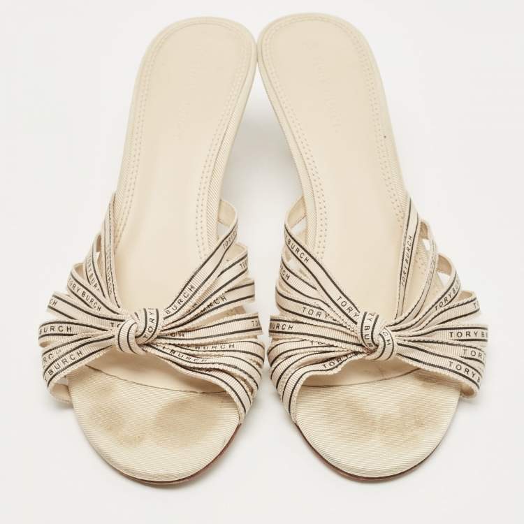 Pre Owned Tory Burch Cream Logo Print Canvas Ribbon Slide Sandals Size 38