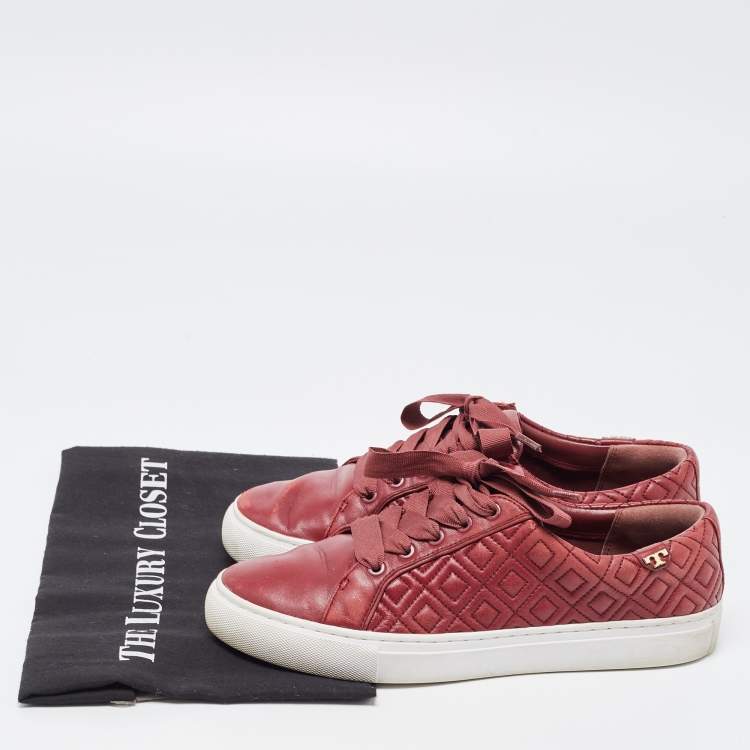 Pre Owned Tory Burch Red Quilted Leather Marion Lace Up Sneakers Size 38