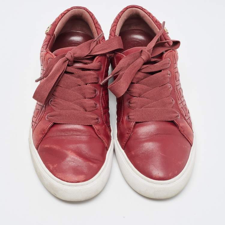 Pre Owned Tory Burch Red Quilted Leather Marion Lace Up Sneakers Size 38