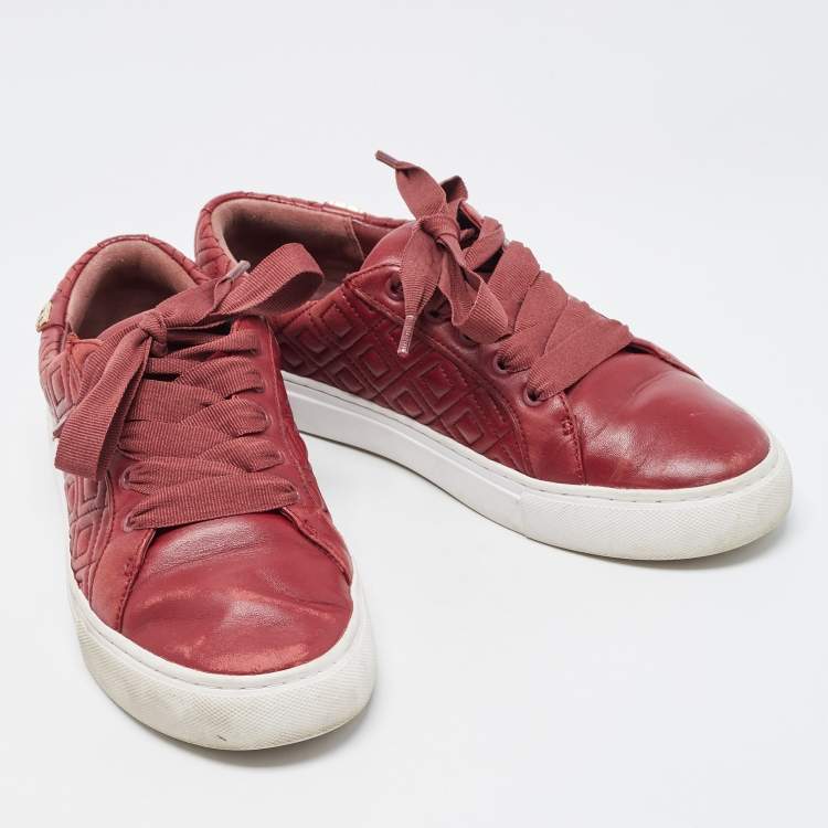Pre Owned Tory Burch Red Quilted Leather Marion Lace Up Sneakers Size 38
