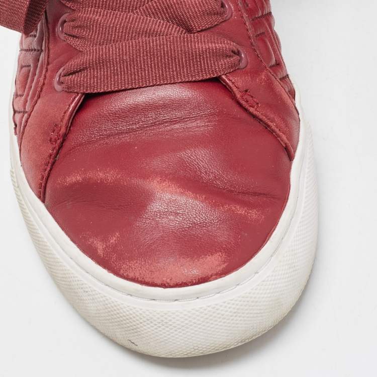 Pre Owned Tory Burch Red Quilted Leather Marion Lace Up Sneakers Size 38