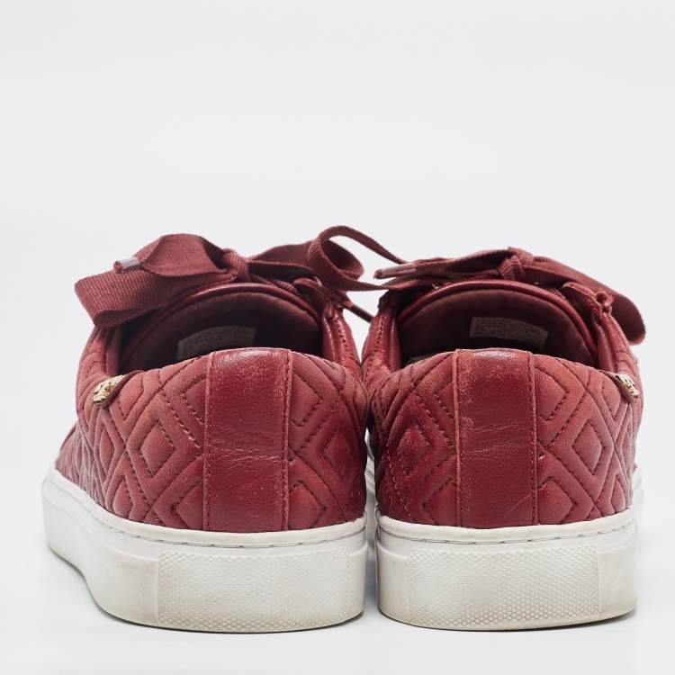 Pre Owned Tory Burch Red Quilted Leather Marion Lace Up Sneakers Size 38