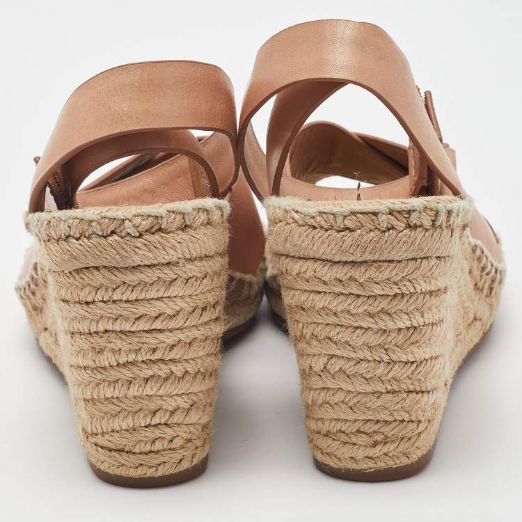 Pre Owned Tory Burch Pink Leather Bima Espadrille Wedge Sandals Size 38