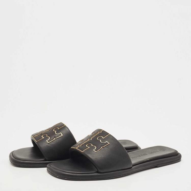 Pre Owned Tory Burch Black Leather Double T Flat Slides Size 41.5