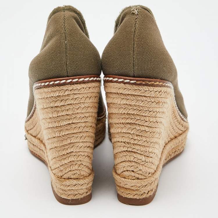 Pre Owned Tory Burch Green Canvas Jackie Espadrille Wedge Pumps Size 36