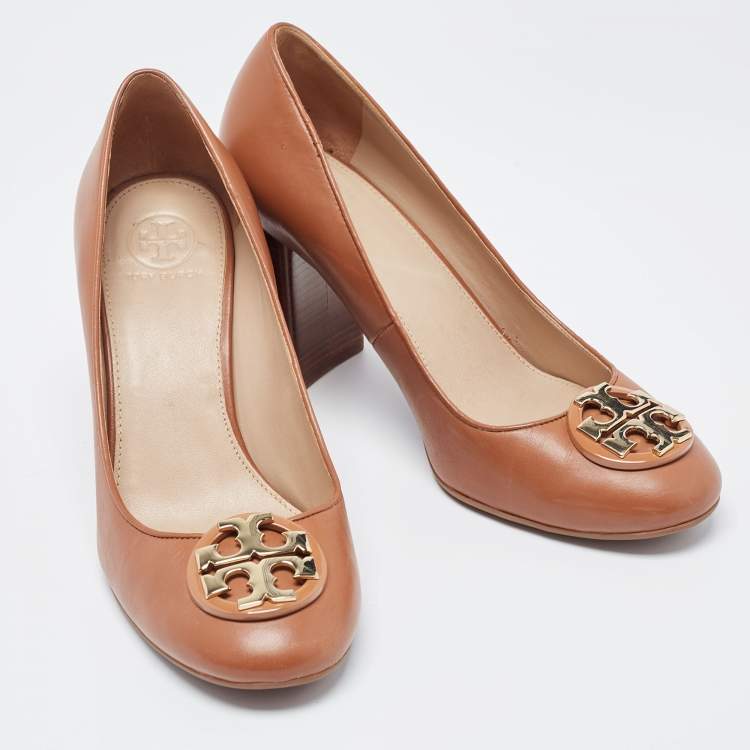 Pre Owned Tory Burch Brown  Janey Buckle Detail Block Heel Pumps Size 37.5