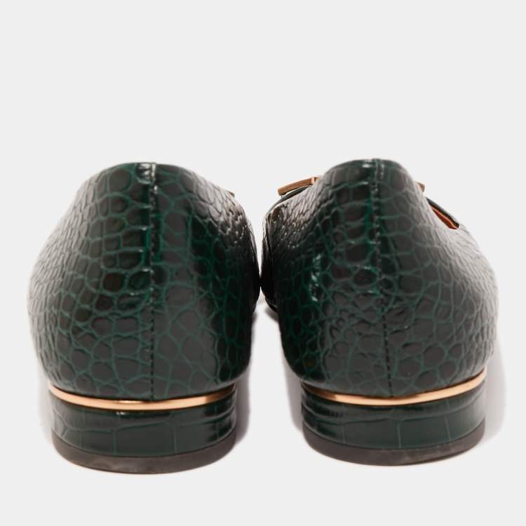 Pre Owned Tory Burch Green Croc Embossed Leather Pointed Toe Ballet Flats Size 36