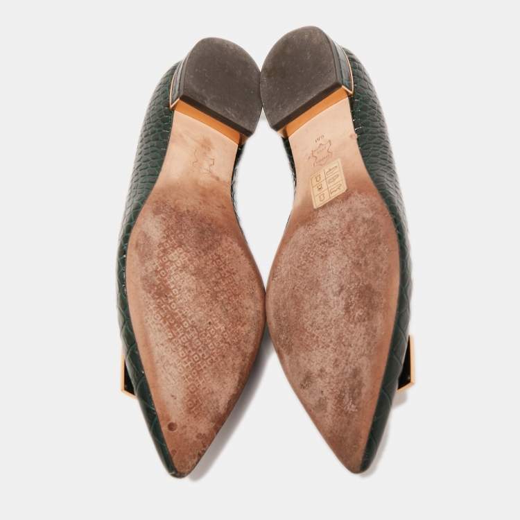 Pre Owned Tory Burch Green Croc Embossed Leather Pointed Toe Ballet Flats Size 36