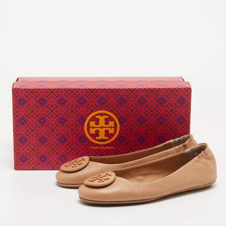 مملوكة مسبقًا Tory Burch Beige Leather Minnie Scrunch Ballet Flats Size 37.5