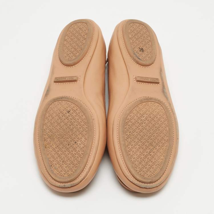 مملوكة مسبقًا Tory Burch Beige Leather Minnie Scrunch Ballet Flats Size 37.5