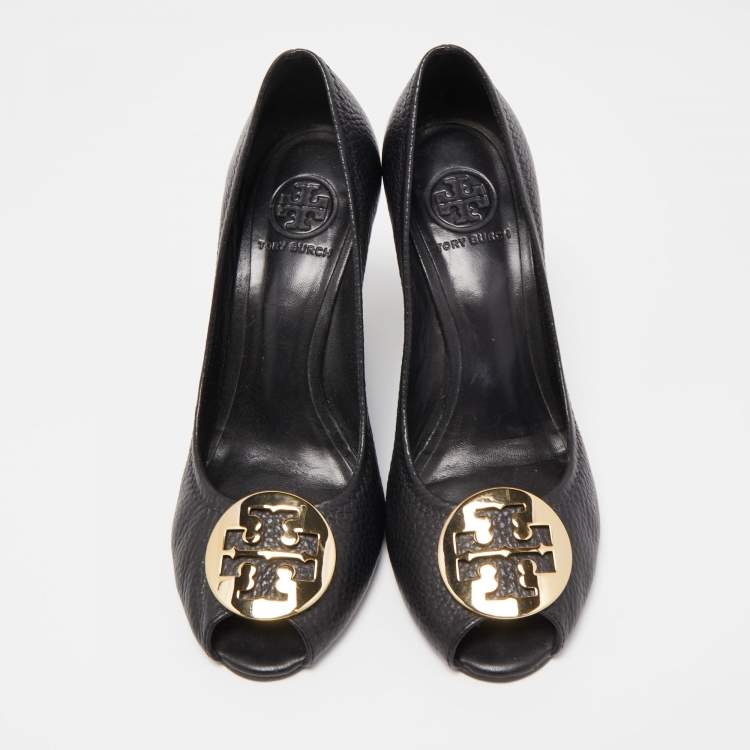 Pre Owned Tory Burch Black Leather Sophie Peep Toe Wedge Pumps Size 37.5