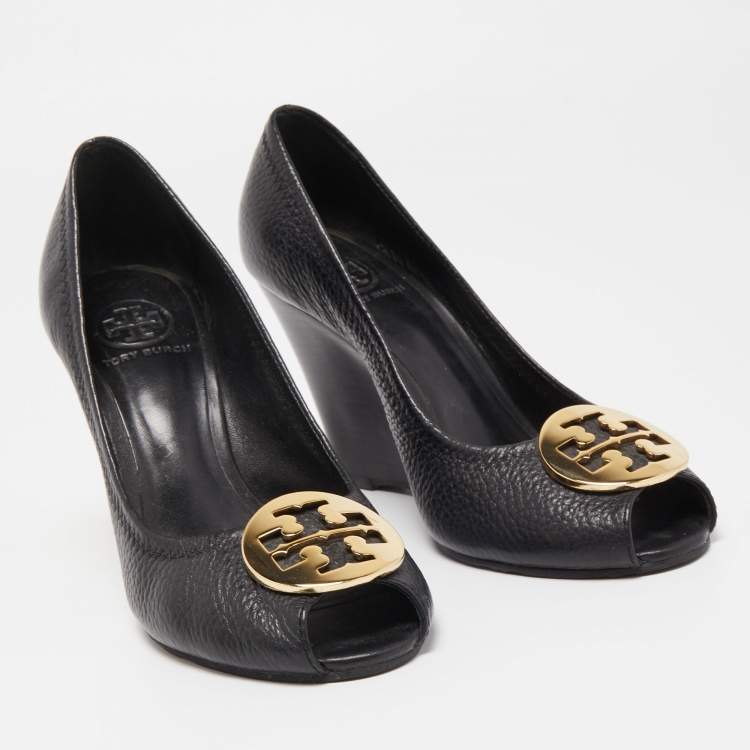 Pre Owned Tory Burch Black Leather Sophie Peep Toe Wedge Pumps Size 37.5