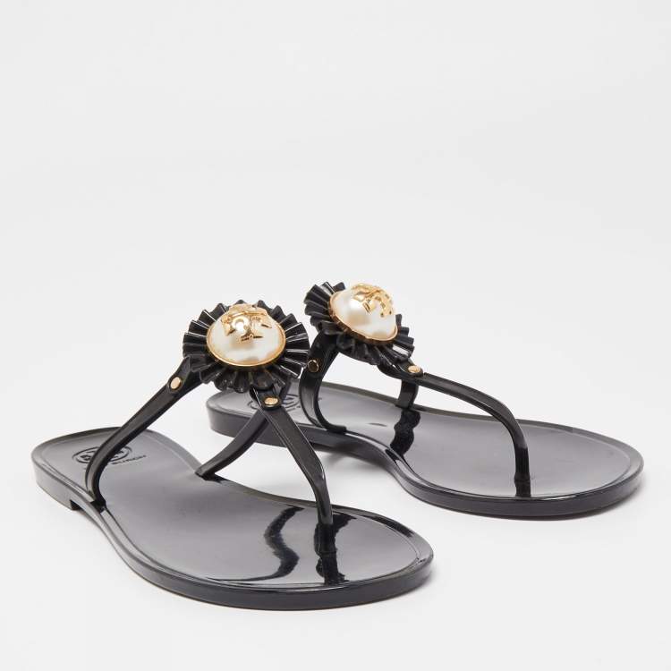 Pre Owned Tory Burch Black Jelly Logo Pearl Melody Flat Thong Sandals Size 38