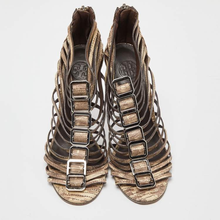 Pre Owned Tory Burch Beige Snakeskin Embossed Nubuck Leather Gladiator Buckle Sandals Size 37  