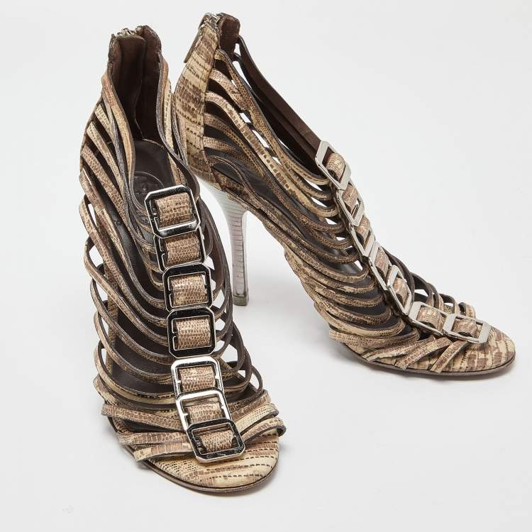 Pre Owned Tory Burch Beige Snakeskin Embossed Nubuck Leather Gladiator Buckle Sandals Size 37  