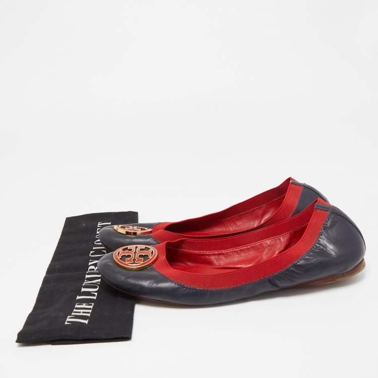 Pre Owned Tory Burch Navy Blue/Red Leather Caroline Scrunch Ballet Flats Size 40.5