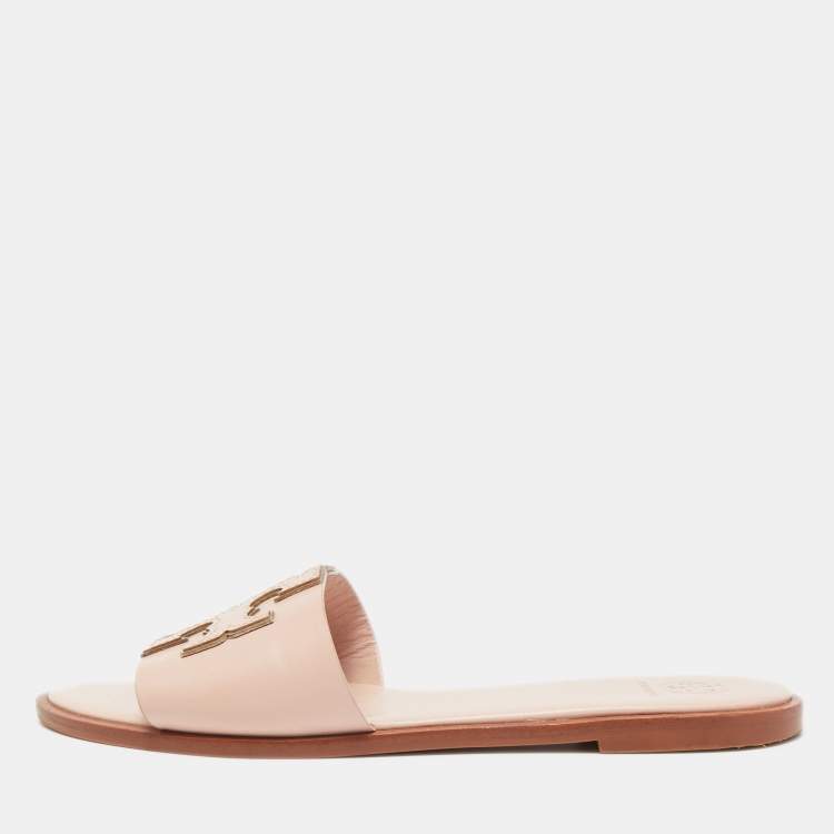 Pre Owned Tory Burch Pink Leather Logo Flat Slides Size 39