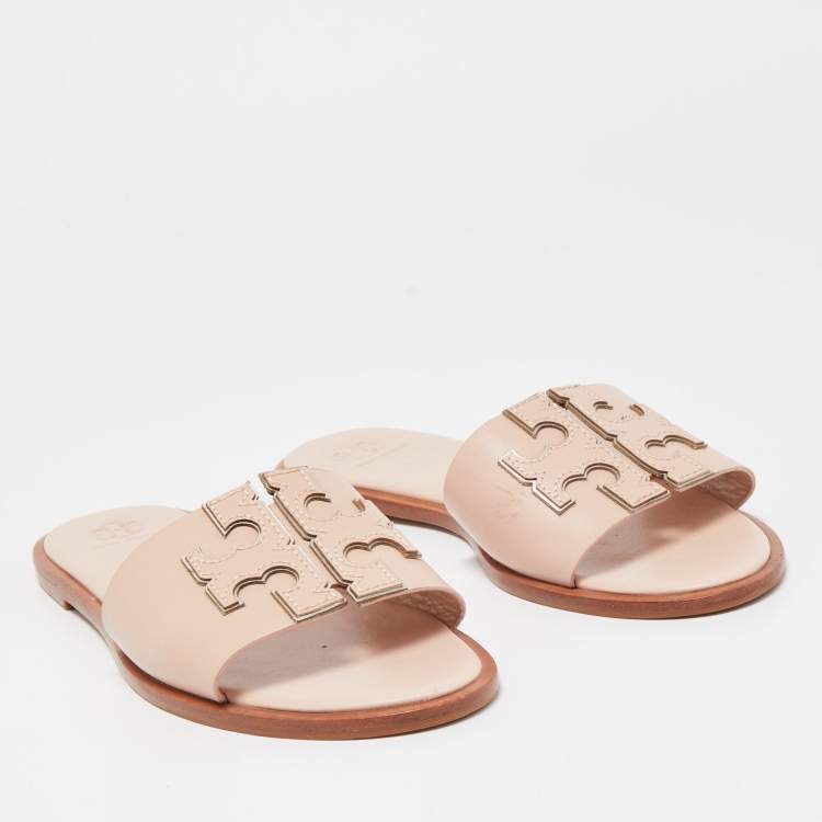 Pre Owned Tory Burch Pink Leather Logo Flat Slides Size 39