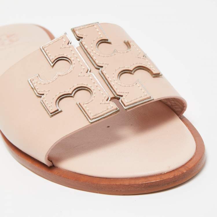 Pre Owned Tory Burch Pink Leather Logo Flat Slides Size 39