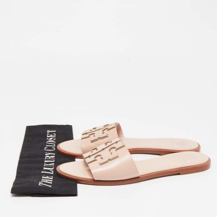 Pre Owned Tory Burch Pink Leather Logo Flat Slides Size 39