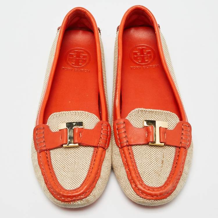 Pre Owned Tory Burch Beige/Orange Canvas and Leather Casey Loafers Size 37.5
