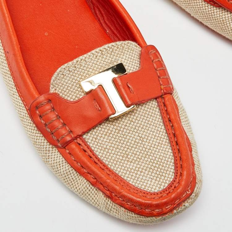 Pre Owned Tory Burch Beige/Orange Canvas and Leather Casey Loafers Size 37.5