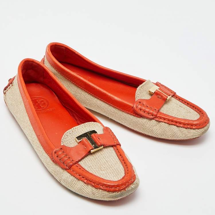 Pre Owned Tory Burch Beige/Orange Canvas and Leather Casey Loafers Size 37.5