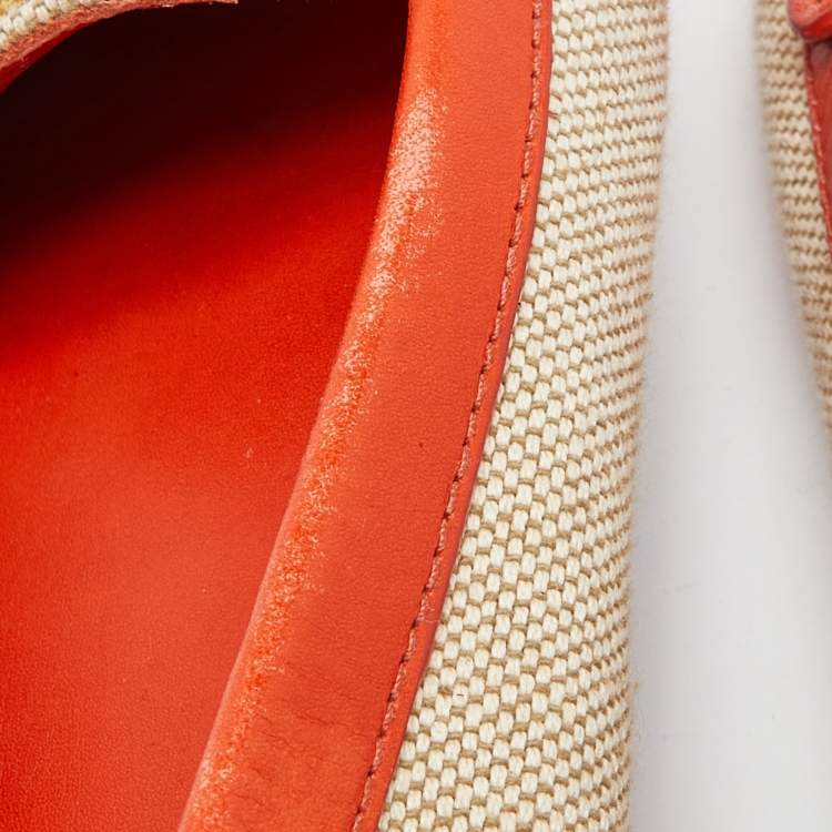 Pre Owned Tory Burch Beige/Orange Canvas and Leather Casey Loafers Size 37.5